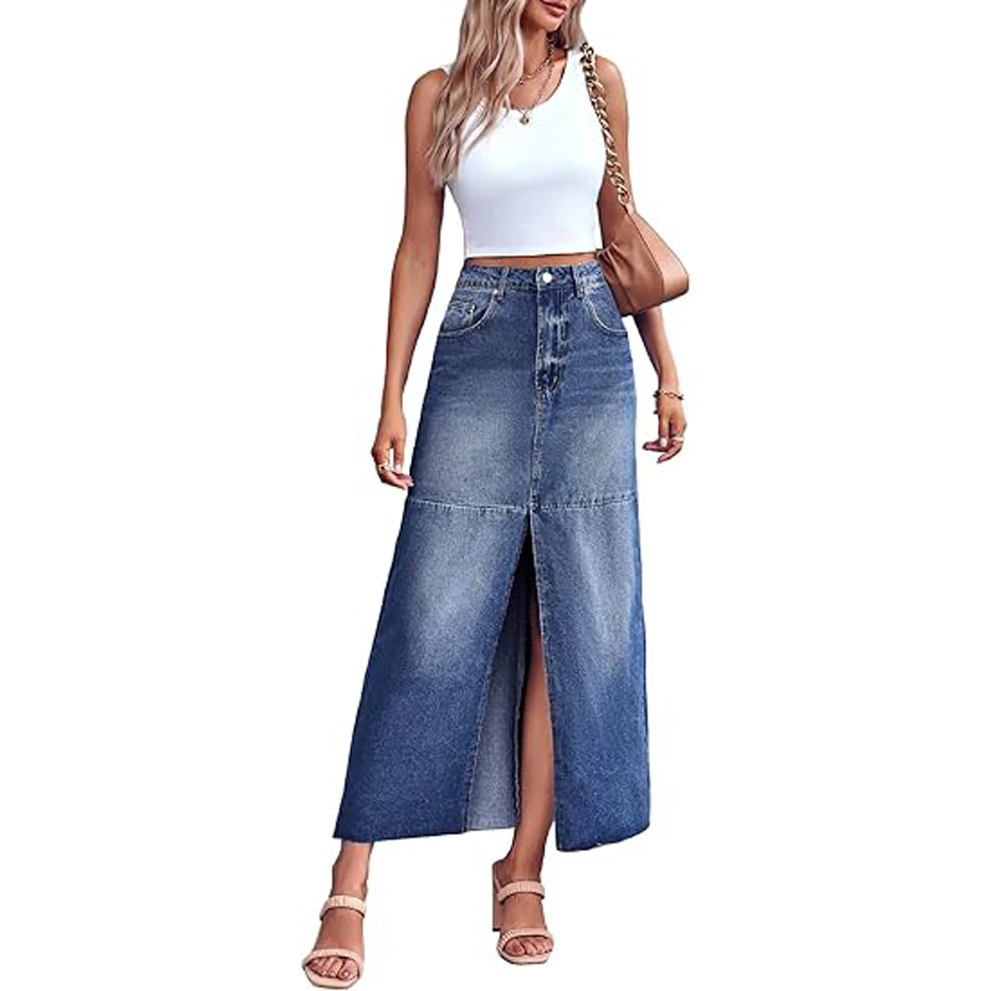 

Women Fashion Front Slit Denim Skirt With Pockets High Waisted Split A-line Denim Skirt Autumn Fashion Straight Skirt Female