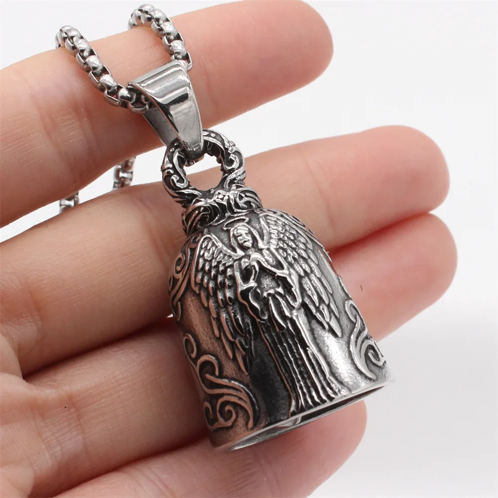Retro punk angel wings motorcycle ride lucky exorcism bell necklace punk pendant trendy accessories