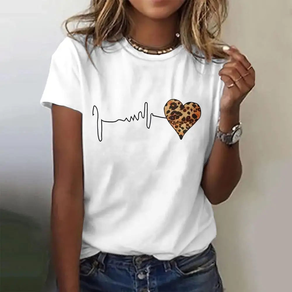 Heart Motif Leopard Print Short Sleeves T shirts Summer Women's T-shirts Casual Y2K Women Clothing Fashion Loose Harajuku Tops