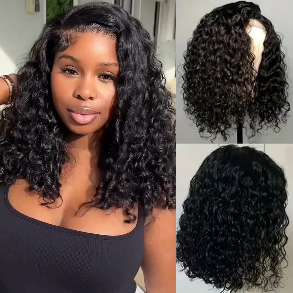 Pelucas de Bob corto Frontal de encaje ondulado con agua para mujer, peluca de encaje transparente 5x5, parte de encaje rizado con agua prearrancada, Color Natural medio