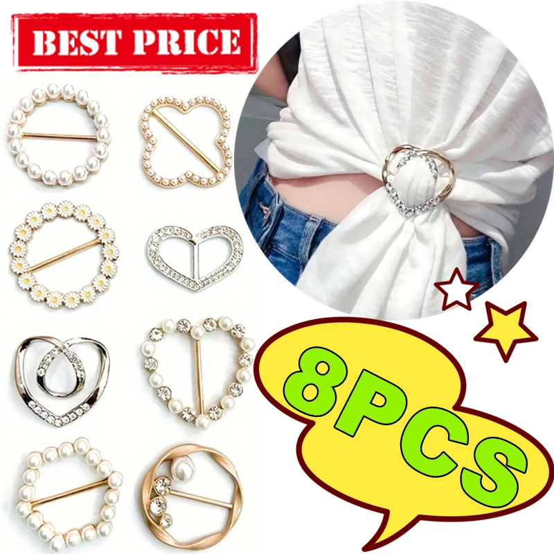 New 8/1PC Corner Hem Waist Knotted Brooches Crystal Pearl Metal Hijab Scarf Ring Button Shirt T-shirt Fixed Buckle Accessories