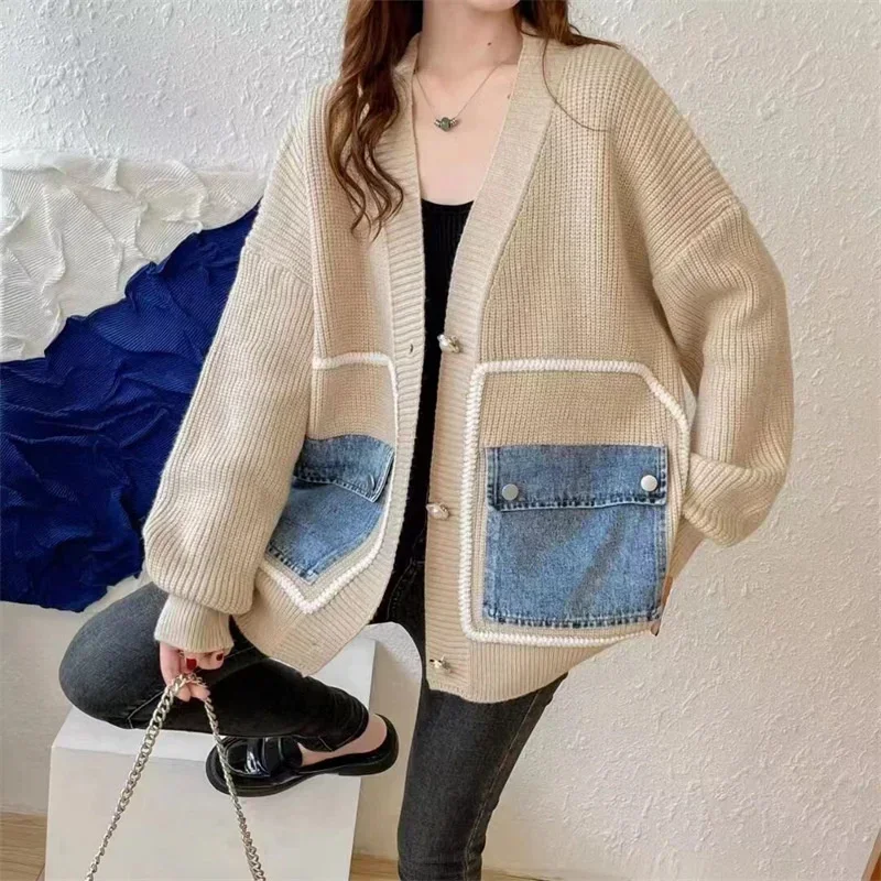 

TPJB New Fashion Thickened Cardigan Denim Pocket Stitched Coat Women Sweater Spring Fashion O-Neck Loose Khaki Cardigan Sweater