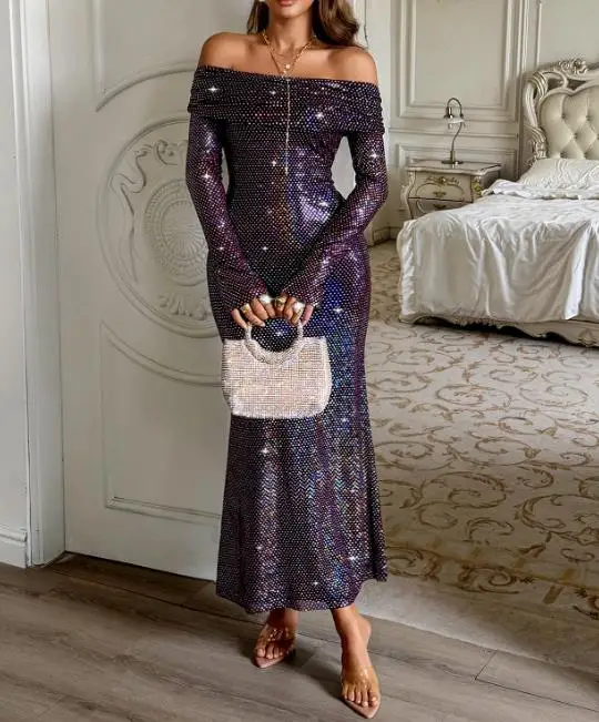 

Womens Dresses 2025 Spring Autumn New Solid Color Elegant and Sexy Off Shoulder Long Sleeve Slim Hip Hugging Long Dress