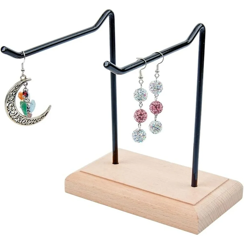 1Set 3Pcs 1-Tier 2-Row Wood Jewelry Display Stands 16.5cm Metal Tabletop Jewelry Organizer Black Metal Earing Tower Stand