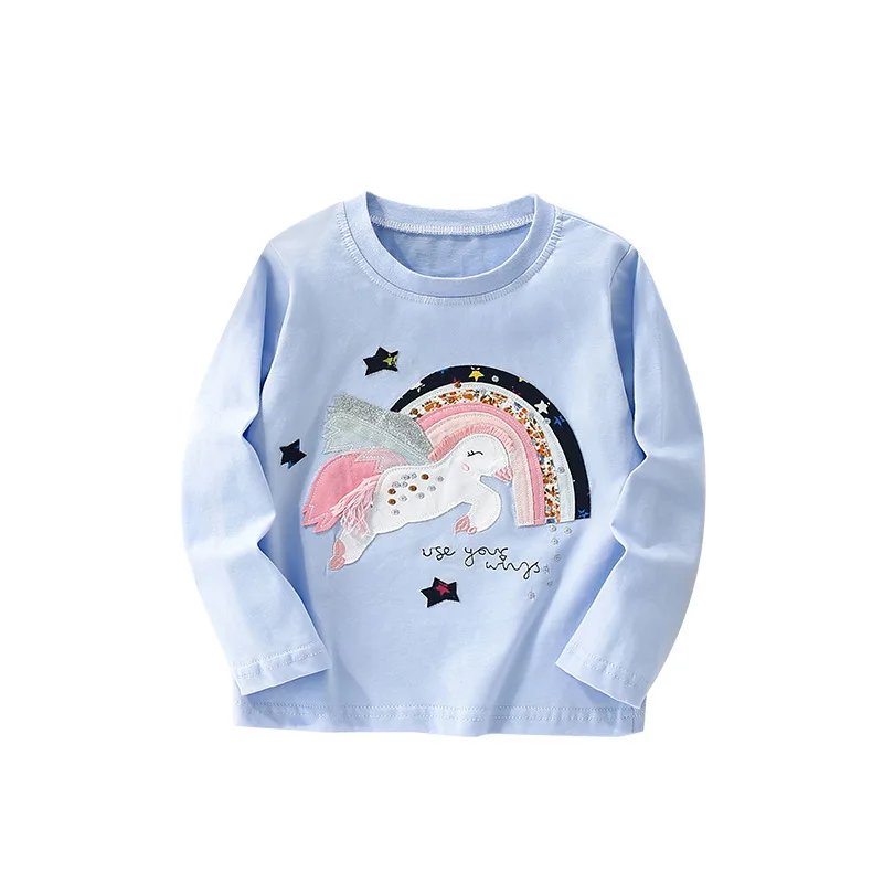 Spring Baby Girls Solid Cotton Clothes Kid Rainbow Unicorn Top Children Fashion Long Sleeve T-Shirts Cartoon O Neck Pullover