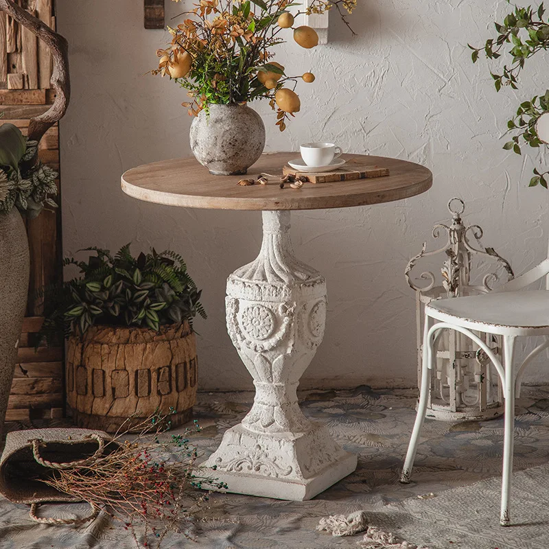 

French retro solid wood dining table dining chair living room round white coffee table and chair homestay decoration casual nego