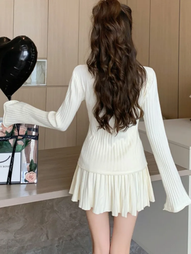 Y2K Elegant Two-piece Solid Skirt Sets Women V-neck Long Sleeve Knitted Cardigan + Mini Pleated Skirt Autumn Korean Chic Suit