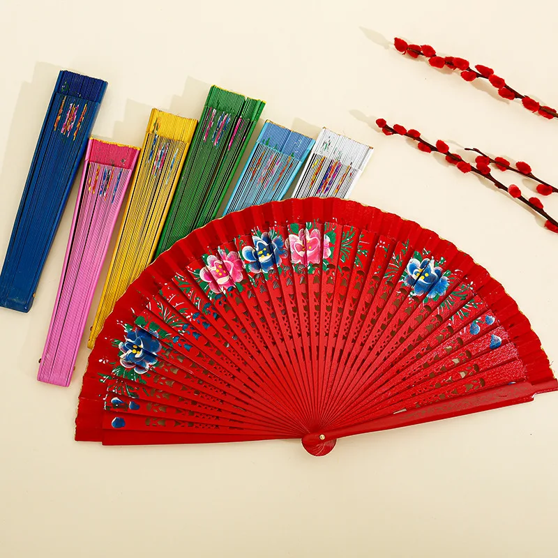 Vintage Spanish Folding Fan for Women Double-Side Flower Painting Gypsy Wooden Hand Fan for Dance Festival Decoration