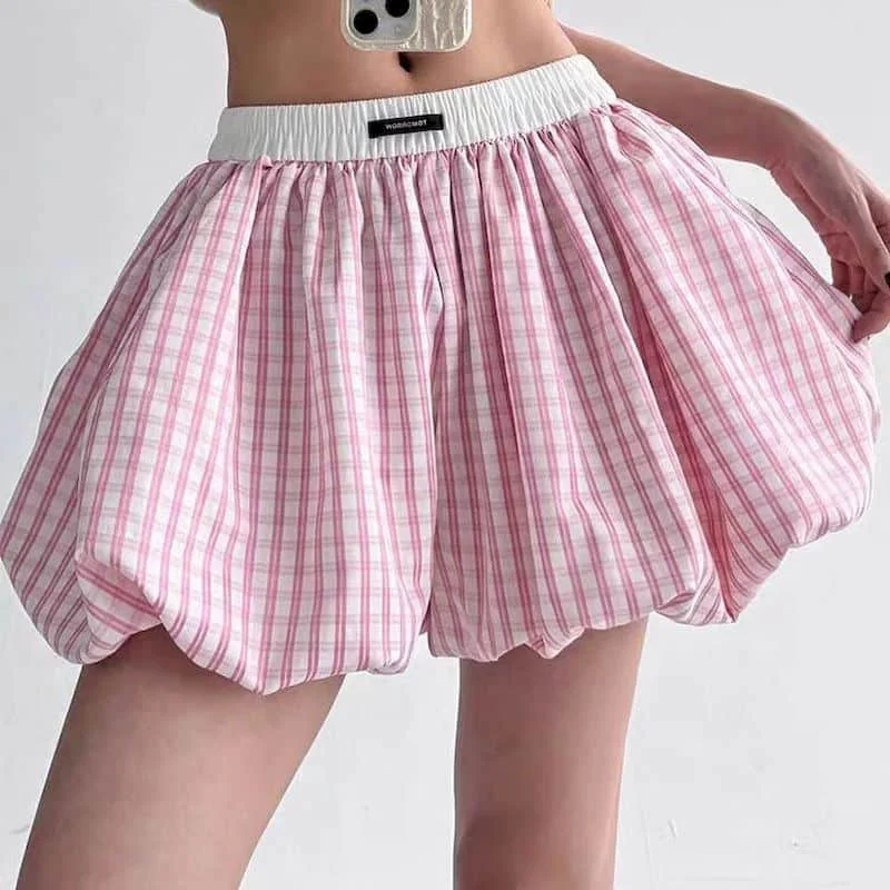 Pantaloncini scozzesi Elegante bocciolo di fiore A-line a vita alta Gamba larga Pantaloncini soffici Pantaloni lanterna in vita elastica Abbigliamento donna stile coreano