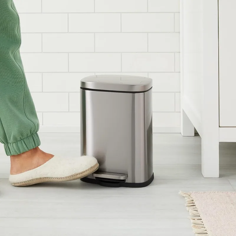 Anti smudging rectangular trash can with soft close foot pedal brushed stainless steel