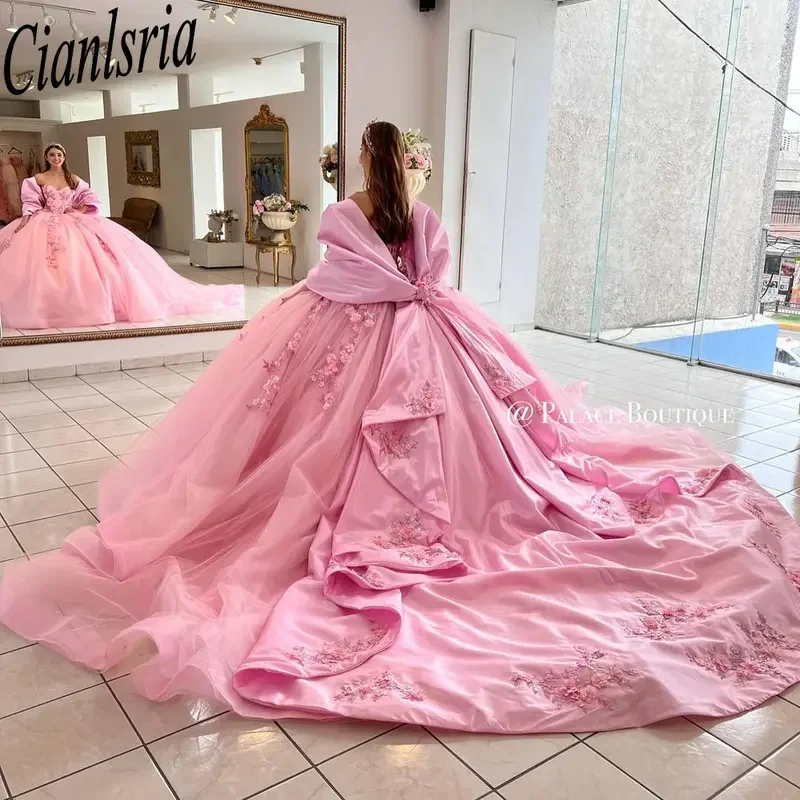 Pink 3D Flowers Appliques Lace Quinceanera Dresses Ball Gown Ilusion Sinetheart Bow Corset Dresses Of XV Anos