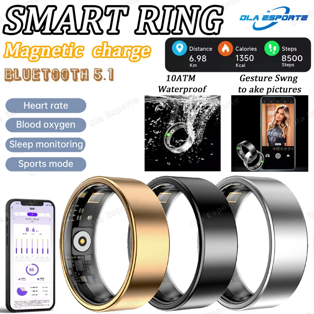 

For Android IOS Smart Ring,10ATM Waterproof, Heart Rate Blood Oxygen Health Monitor, Multi Sport Modes GPS Track, For Men Women