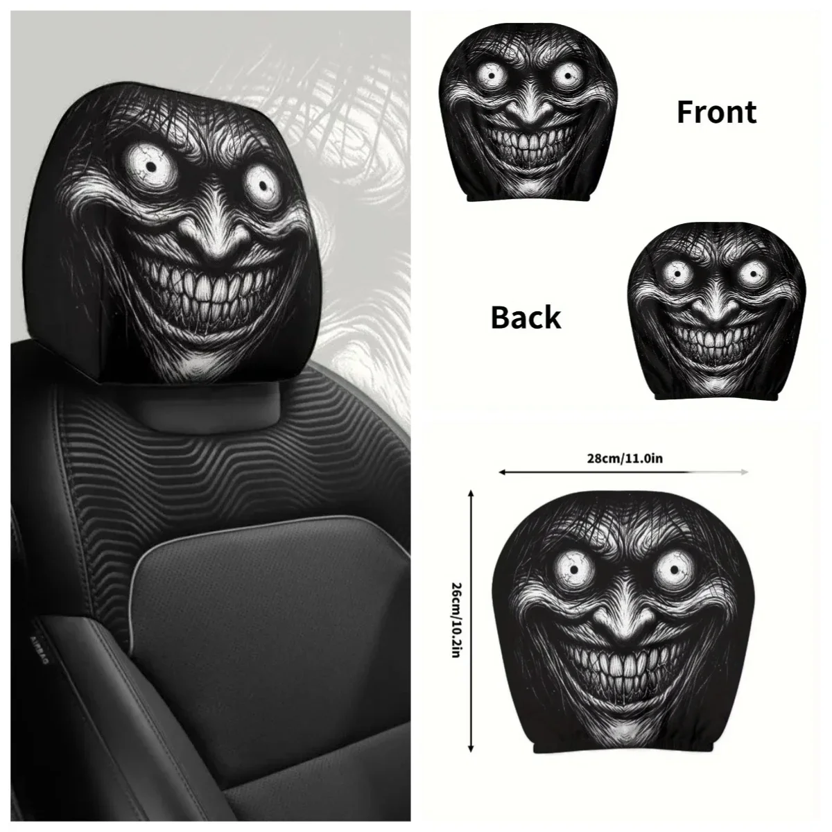 2Pcs Headrest Covers Car Funny 2Pcs Headrest Covers Horror Two-piece set of terrifying line prank face car decoration headrest