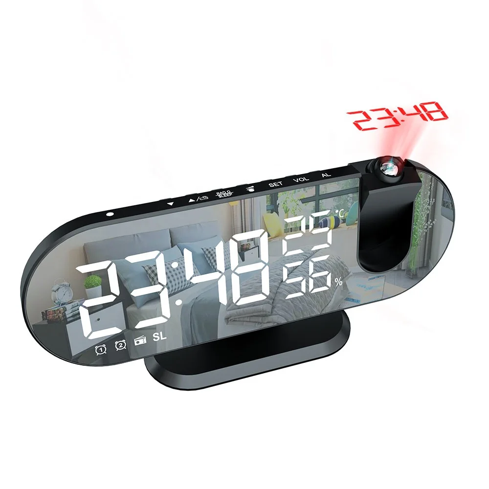 

FM Radio LED Digital Smart Alarm Clock Watch Table Electronic Desktop USB Charging Wake Up Clock with 180 Time Projector