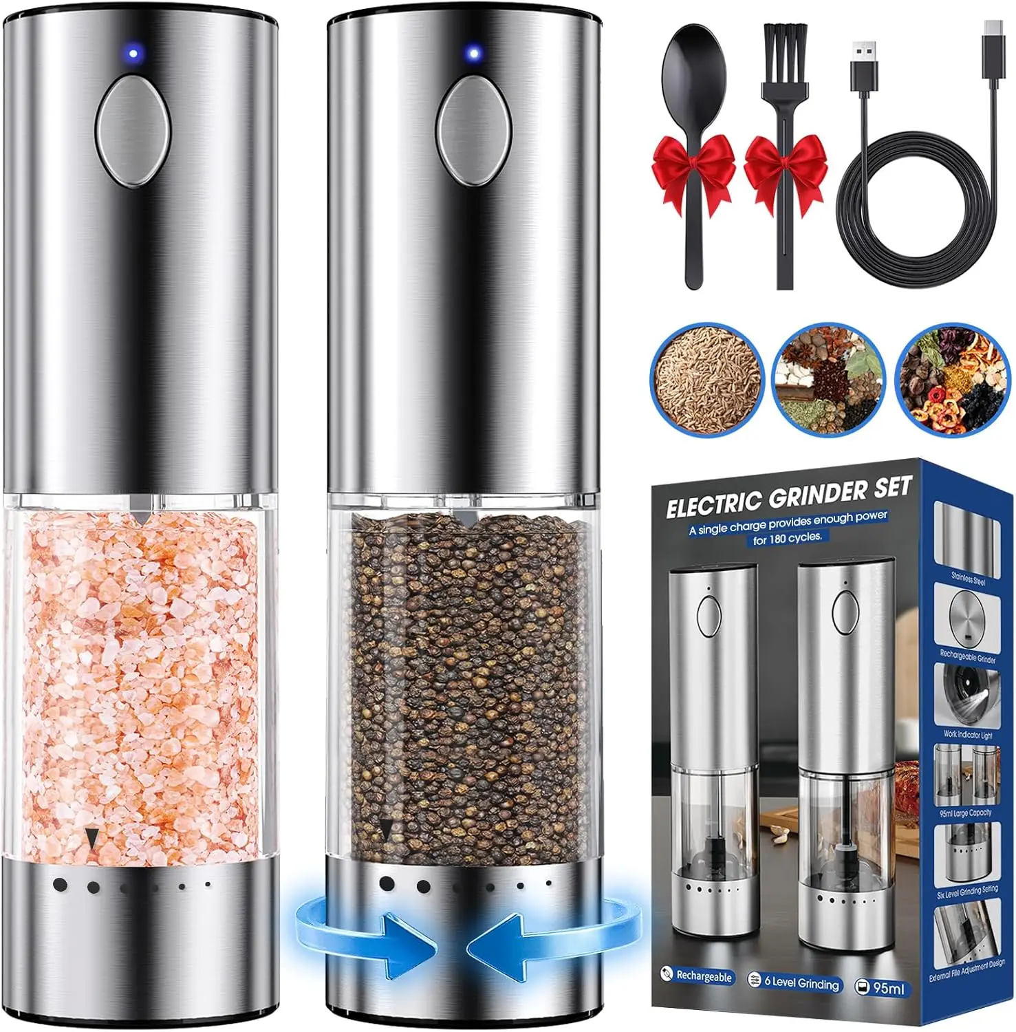 

Rechargeable Electric Salt & Pepper Grinder Set, LED Light, Stainless Steel, Adjustable Coarseness, Ideal Gift