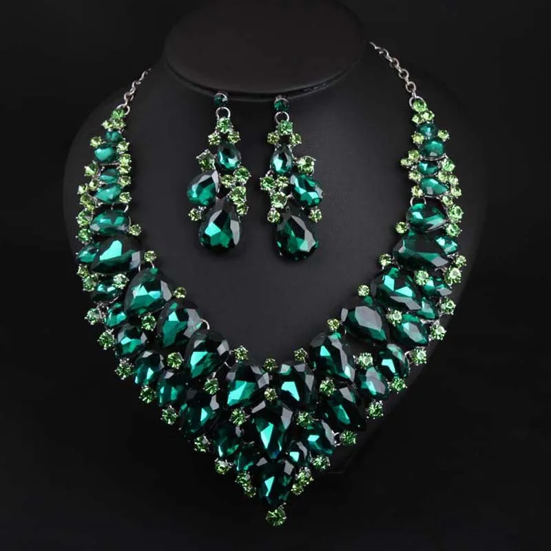 European and American Green Crystal Necklace Earring Set, African Necklace Dress, Evening Party Female Accessories