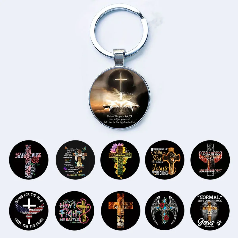 Cross Lion Eagle Flower Butterfly Pattern Round Glass Key chains Faith Jesus Cross Letter Key Chains Metal Base Jewelry QSM711