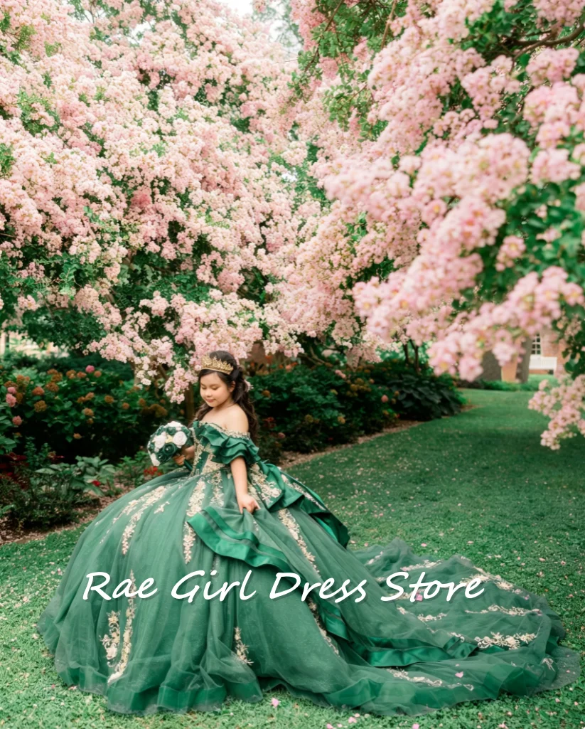Green Tulle Flower Girl Dress Off Shoulder Ruffle Neck Gold Floral Embroidery A Line Ball Gown For Birthday Quinceanera