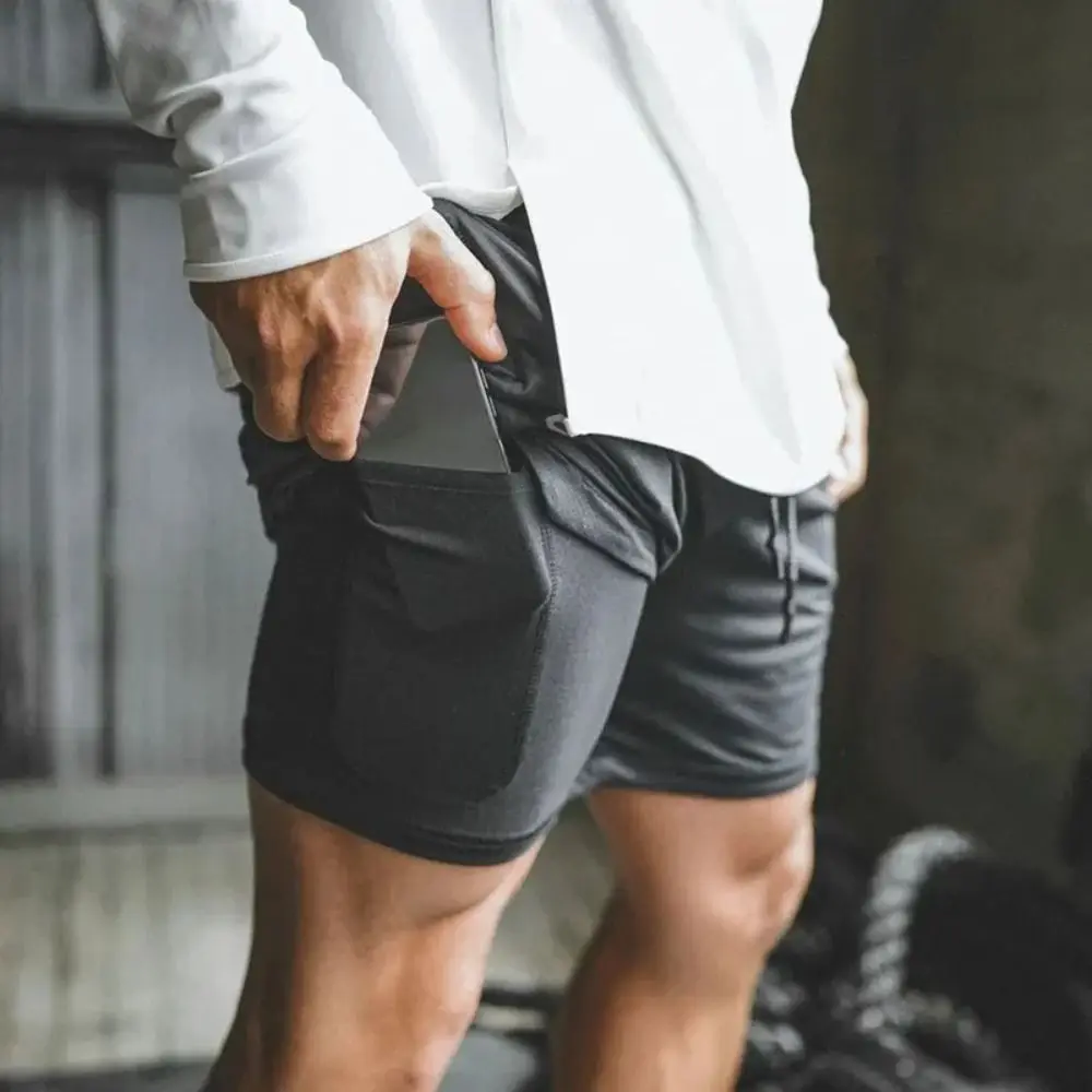 

Thin Quick Dry Running Shorts Breathable Elastic Training Shorts Mobile Phone Pocket Double Layer Workout Shorts Cycling