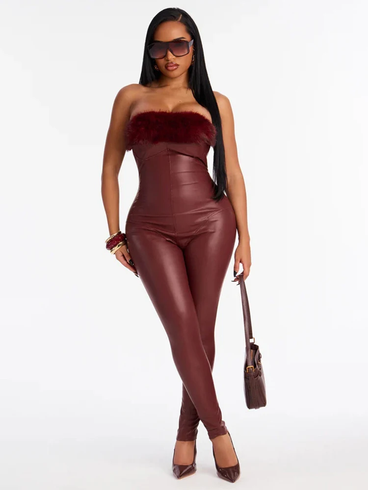 

Weird Puss Fur Patchwork Jumpsuit Women Strapless Smooth Zip Midnight Workout Tight Activity Stretch Clubwear Skinny Overalls