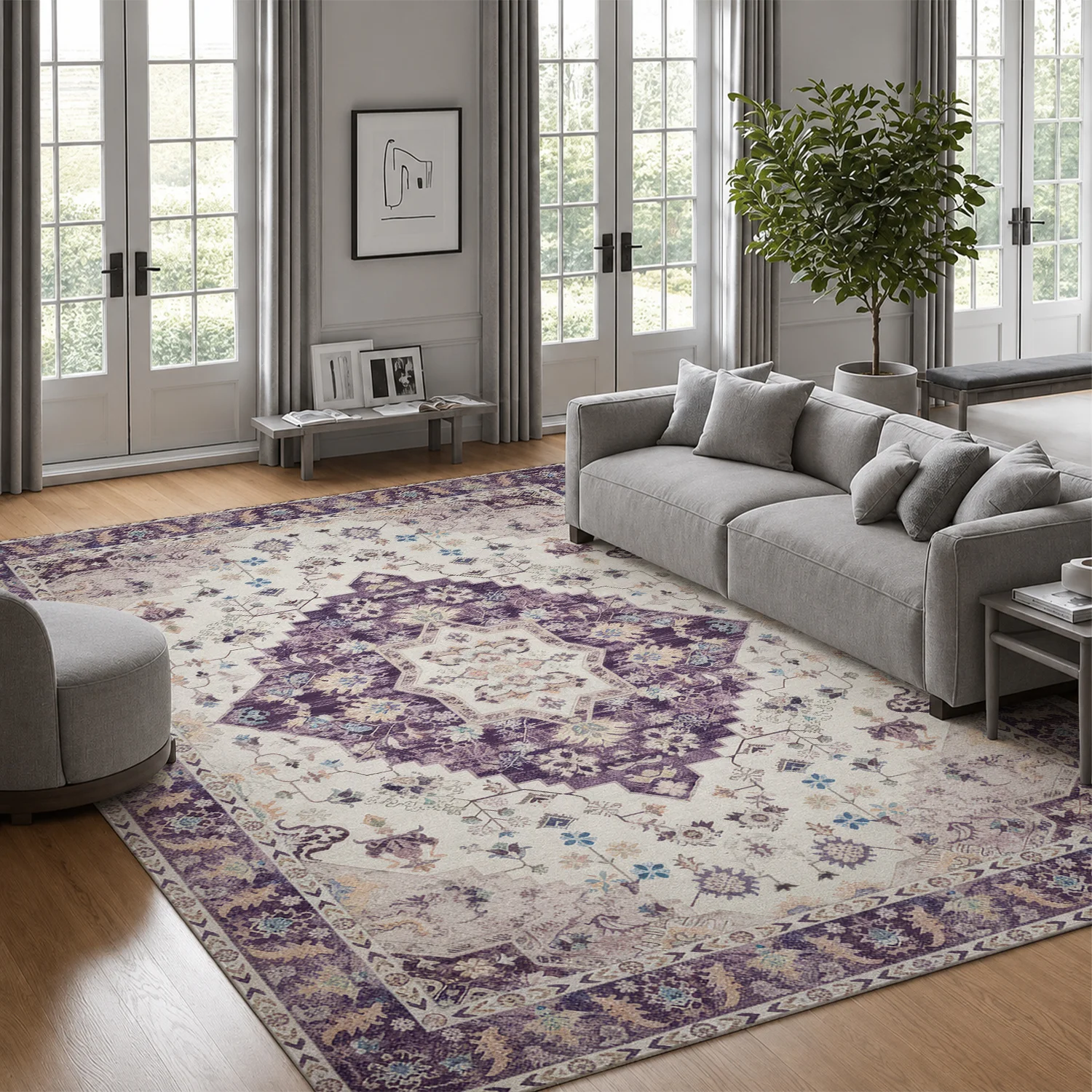Large Indoor Area Rug, Soft Velvet Low Pile Rug with Non-slip Dotted Backing, Machine Washable Vintage Persian Medallion Rug in Purple Cream Boho Style for Living Room, Bedroom, Entryway
