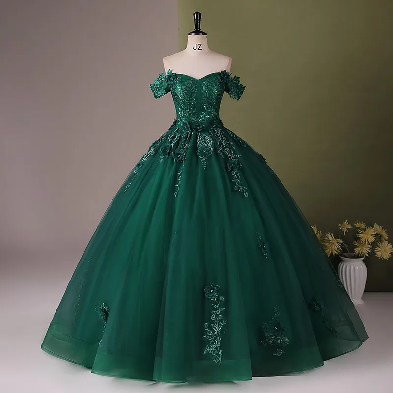 Vestido De quinceañera verde oscuro con apliques De hombros descubiertos, vestido De fiesta De graduación, vestido De baile De encaje con tren pequeño, 15