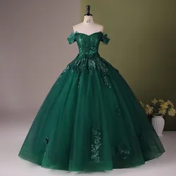 Dark Green Quinceanera Dresses Off The Shoulder Appliques Prom Party Dress Lace Ball Gown With Small Train Vestidos Customized