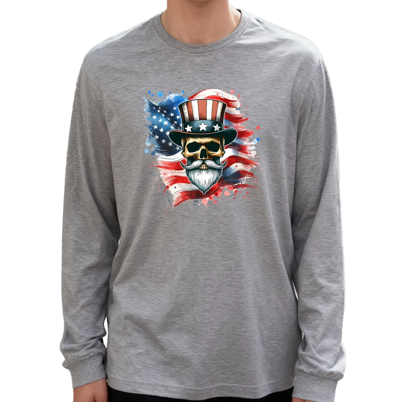 Мужская футболка с длинным рукавом с американским черепом, 100% хлопок, 180 г, с круглым вырезом, повседневный стиль, мягкая и дышащая