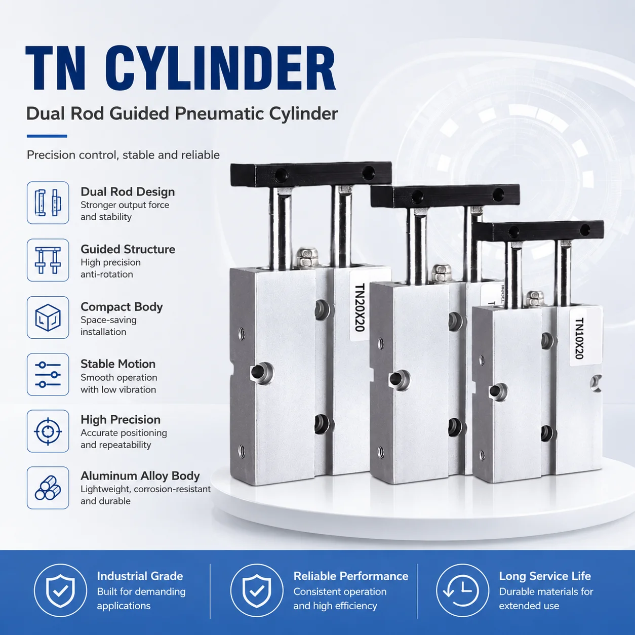 Double Rod TN Type Double Pneumatic Cylinde Bore 10/16/20/25/32mm Aluminum Alloy Stroke 30 35 40 45 50 60 70 75mm Air Cylinder