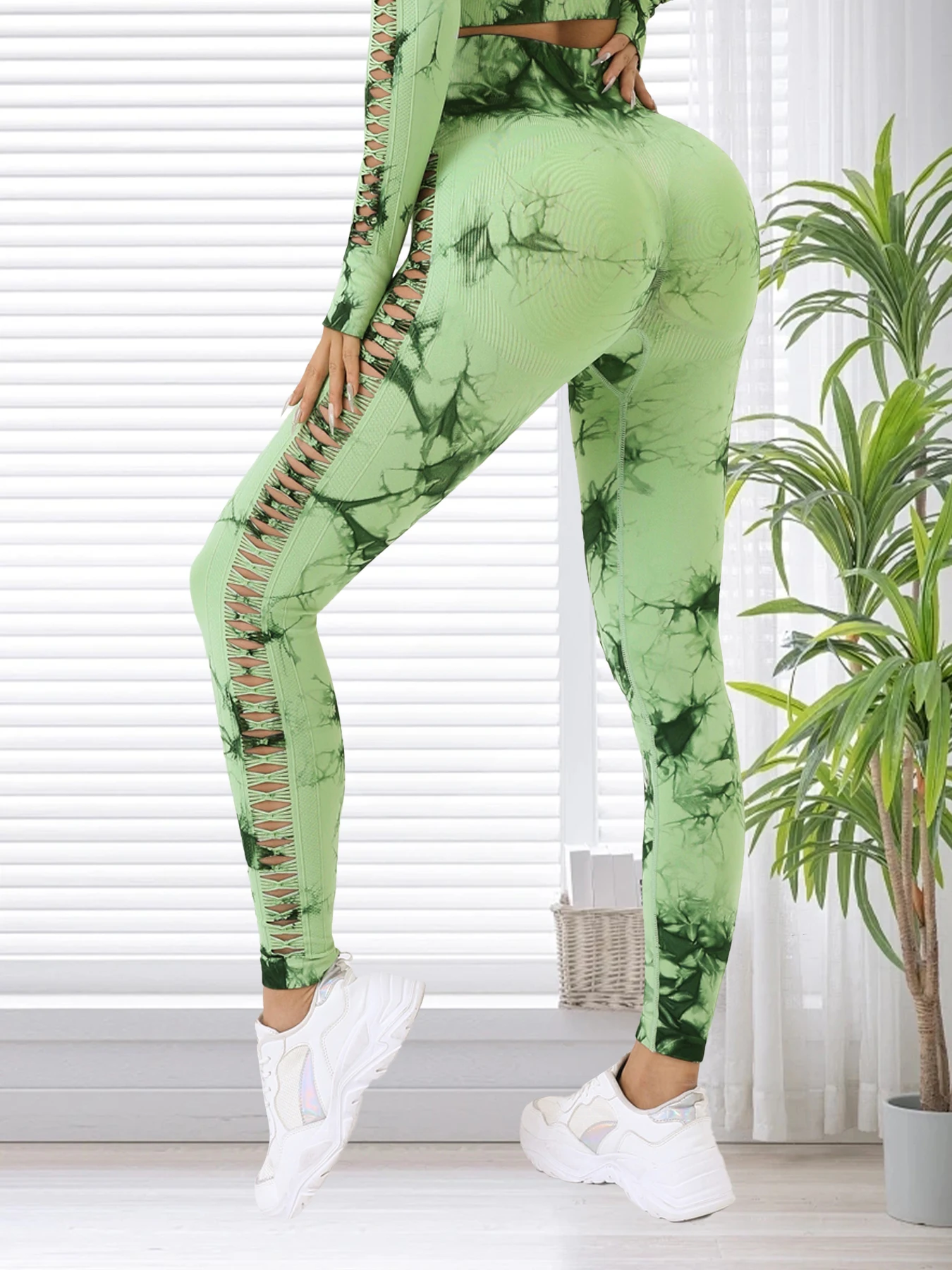 Mulheres sem costura tie dye oco para fora calça esportiva yoga ginásio cintura alta treino leggings elástico feminino activewear