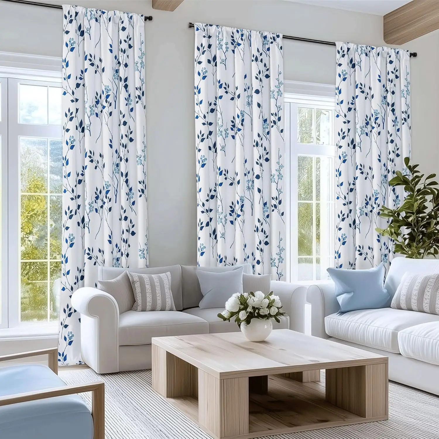 Long 2 Panels for Bedroom Living Room Navy Blue and White Flower Patterned Room Darkening Thermal Soundproof Rod Pocket Back
