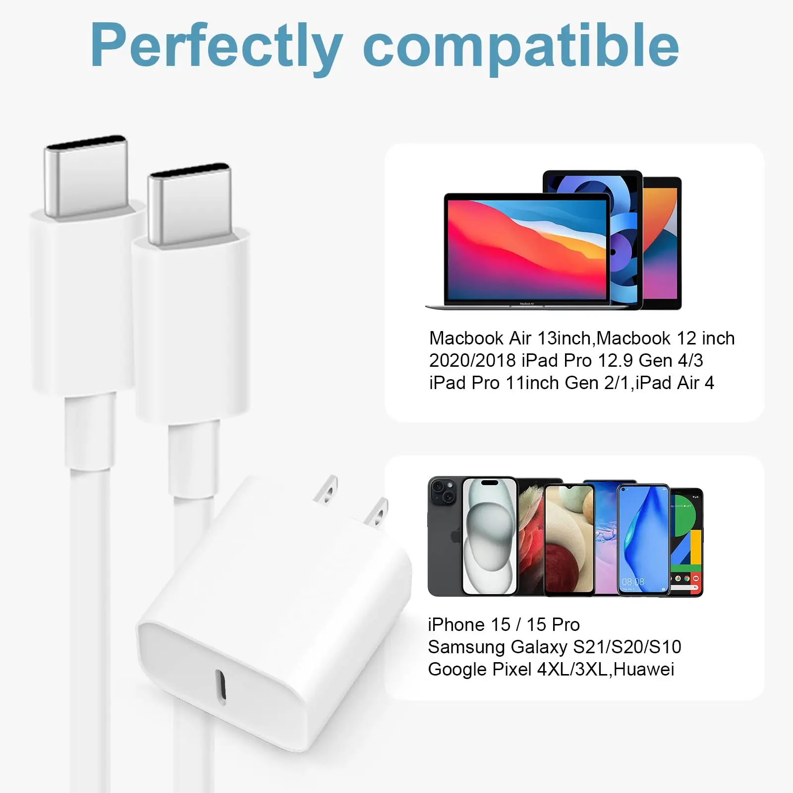 PD 20W Fast Charging Wall Adapter Plug Charger with Cable Cord for iPhone iPad Samsung Phones