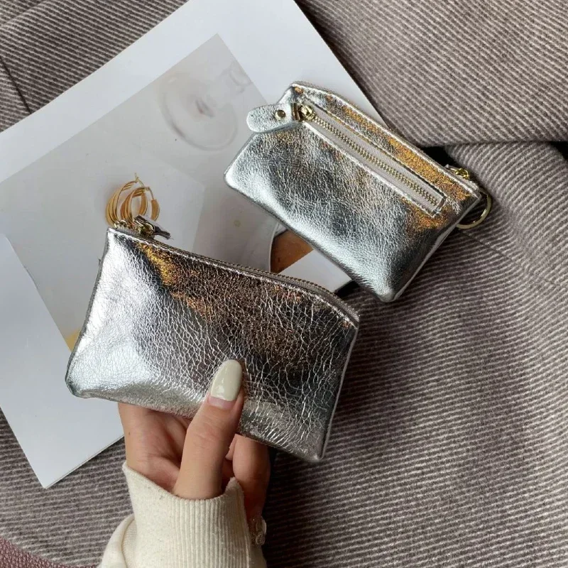 New Silver Genuine Leather Coin Wallet Purse Small Card Holder Coin Bag Pouch with Keychain  Zipper Cute Wallet for Women