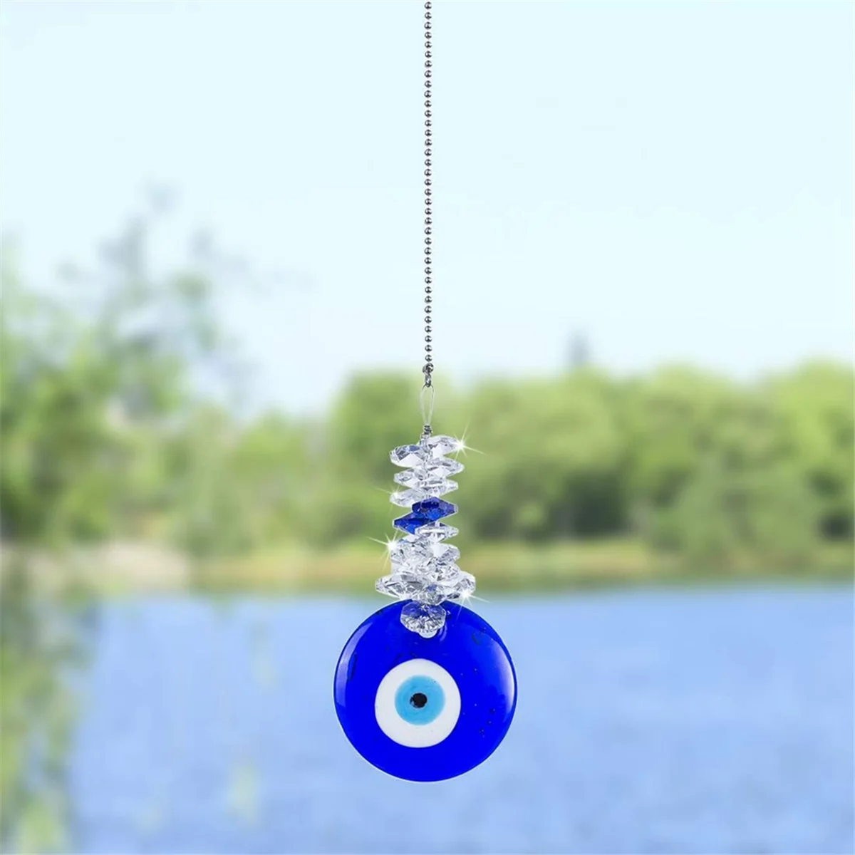 Blue Glass Eye Pendant with Crystal Beads - Good Luck Charm, Home, Office, Car Decoration, Blessing