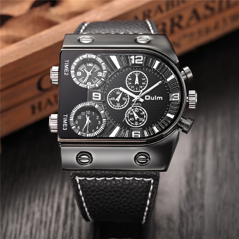 Fashion Oulm Top Brand Mens Quartz Casual Leather Strap Wrist Watch Sports Multi-time Zone Military Male Erkek Saat Dropshipping