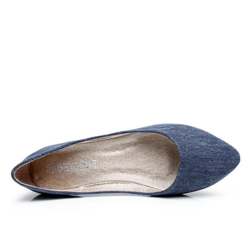 TIMETANG New Women Soft Denim Flats Blue Fashion High Quality Basic Pointy Toe Ballerina Ballet Flat Slip On Office Shoes
