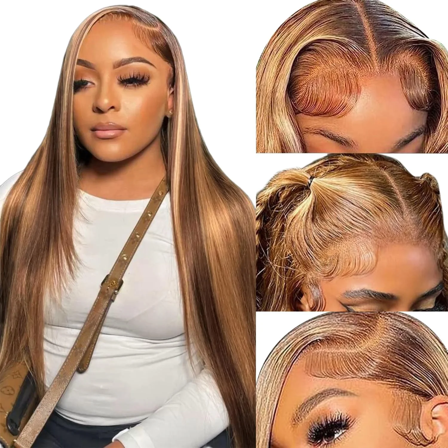 

Bone Straight Lace Front Wig Highlight Straight Human Hair Wig Бразильский P4/27 Коричневый цвет Парик из волос Remy для женщин Парики с эффектом омбре