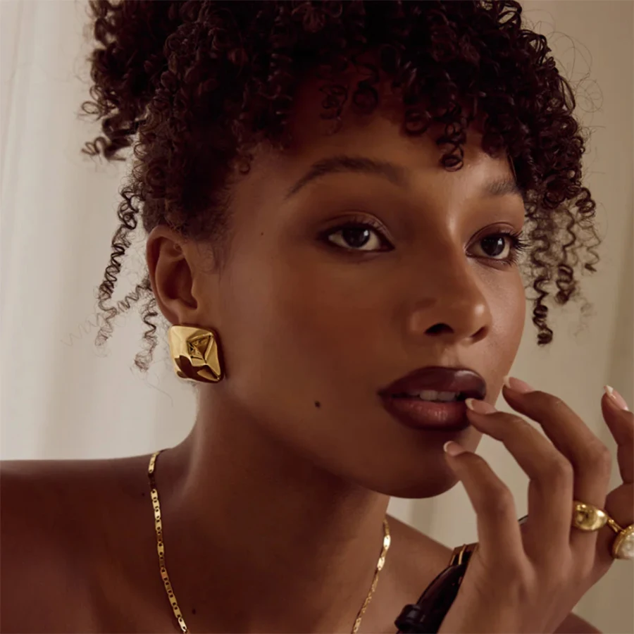 Fashion Personality 18k  Gold Plated Irregular Geometric Triangular Stud Earrings Chunky Glossy Stainless Steel Square Earrings