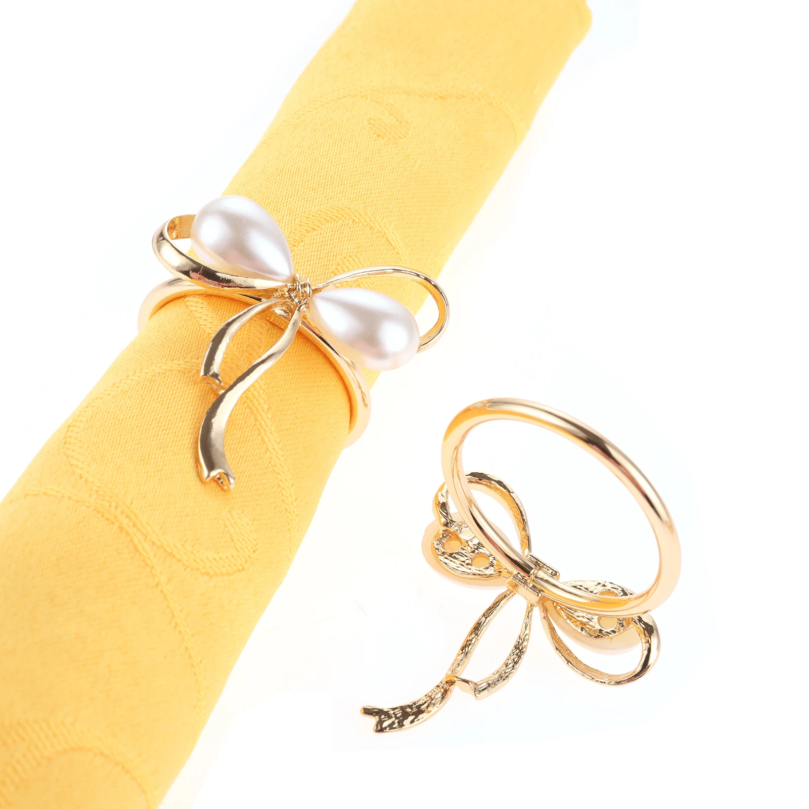 

6pcs Pearl Bow Napkin Button Ring Golden Table Cloth Holder Alloy Buckles Luxurious style Exquisite Decor Dinner Wedding Party