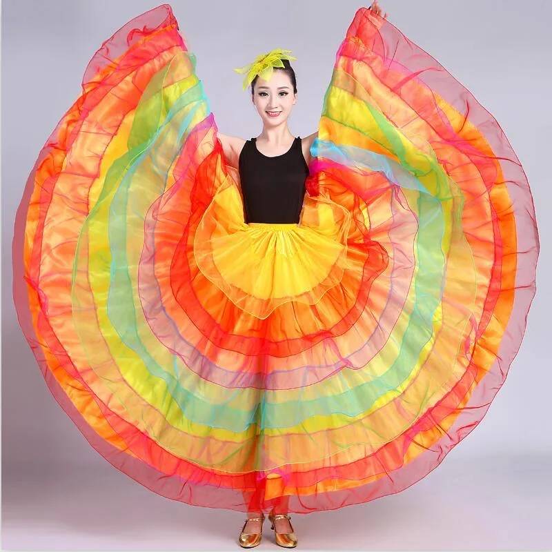 Jupe Flamenco espagnole pour femmes, lisse, grande balançoire, couture en dentelle, fête de carnaval, salle de bal, Costumes de danse du ventre gitane, 360 – 720
