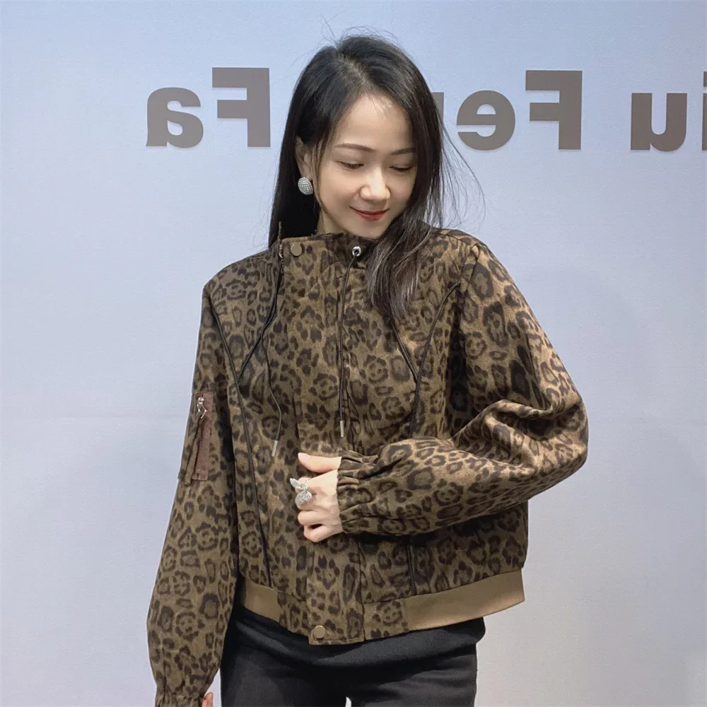 

Leopard Printed Women Jackets Casual Loose Cartoon Pattern Diamonds Stand Collar Zipper Hooded Cardigan Waistcoat Куртка Женская