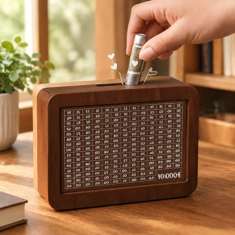 Kids' Wooden Cash Vault for Savings Challenge, Refillable Money Box with 1000-10000 Euro Storage Capacity