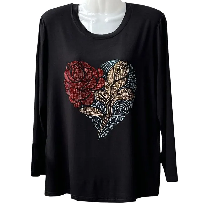 Spring Autumn Fashion Mother T Shirt Long Sleeve Plush Women Clothes Tees Harajuku Hot Drilling Red Rose Golden Lily Tops Female