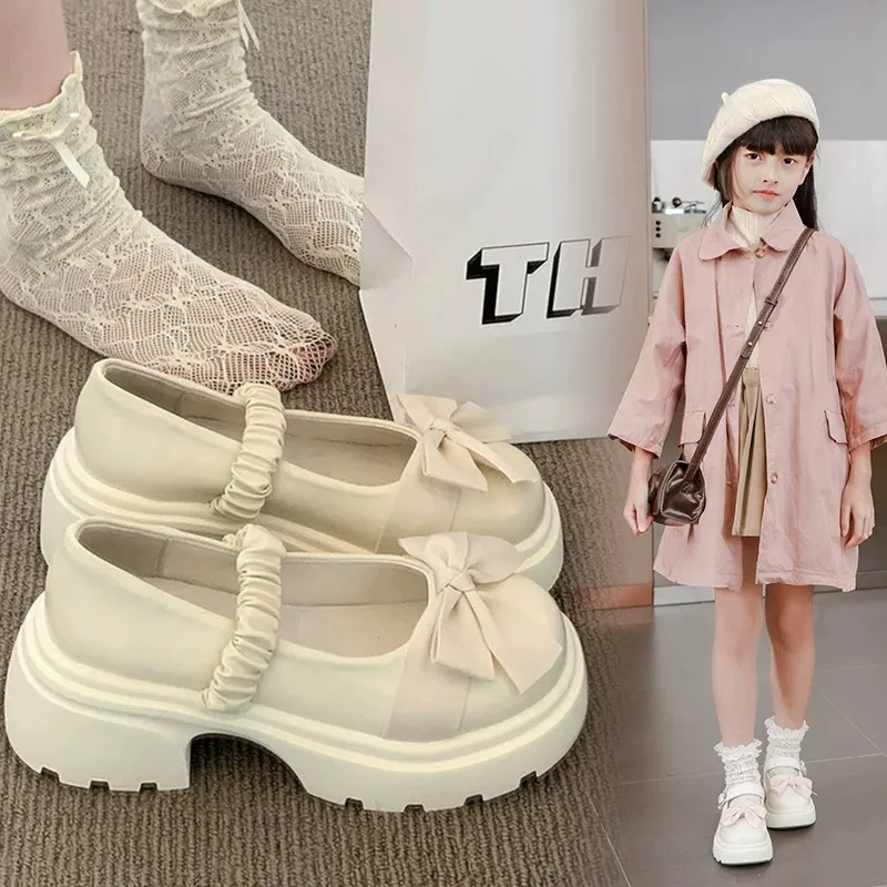 Girls' Leather Shoes All Seasons Fashionable Versatile Kids Shoes Beige Soft Bow Middle Schooler Children's Baby Mary Jane Shoes