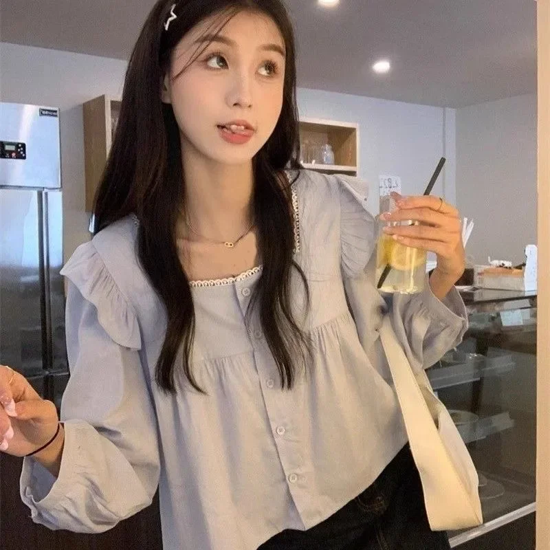 Square Collar Women Shirt Korean Style Long Sleeve Top Female Autumn Ruffles Fashion Woman Blouse 2024 Button Solid Clothes New