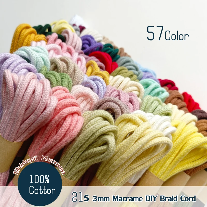 3mm Braided Cord for Macramé, Crochet Weaving, Knitting, 100% Cotton Rope 5.5Yds/16FT Bundle Packs A001-0040 Colors