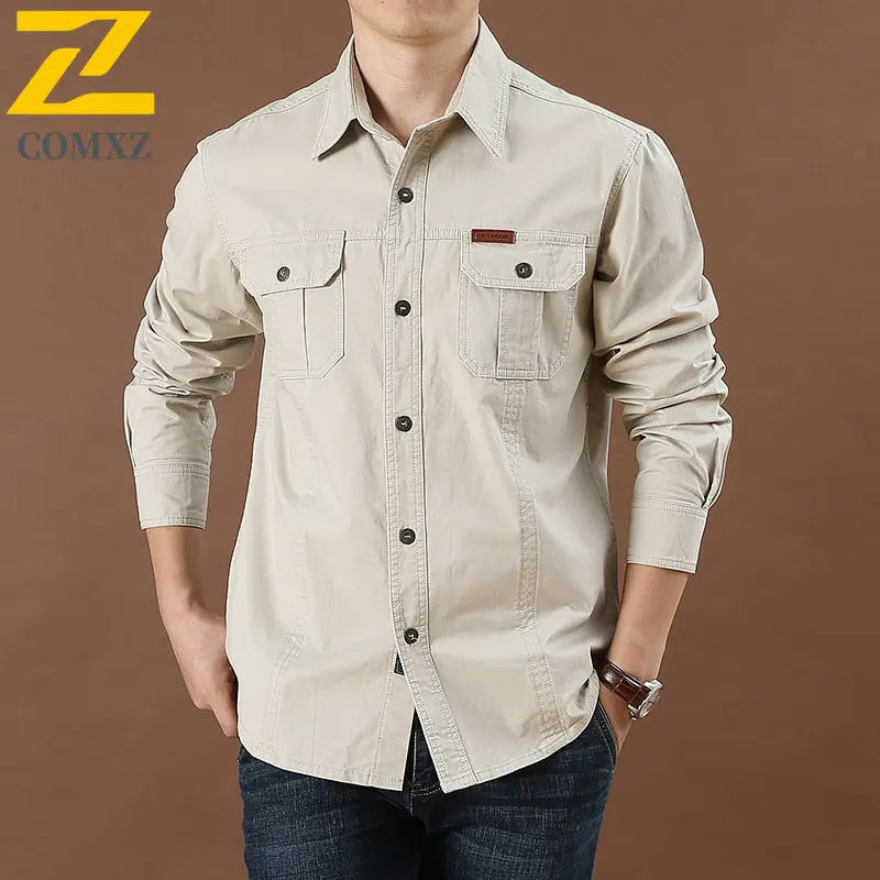 High Quality Work Shirts Men's Spring Autumn New Cotton Lapel Button Long Sleeve Shirt Outdoor Fishing Hunting Solid Color Coat