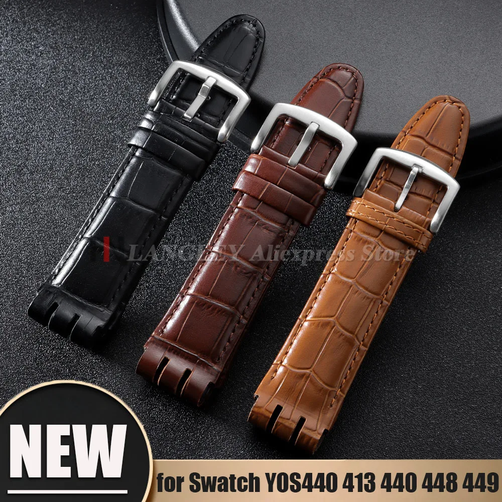 23 mm Echtleder-Uhrenarmband für Swatch YOS440 413 424 440 447 448 449, Rindslederband, Herren-Sportarmbänder, Uhrenzubehör