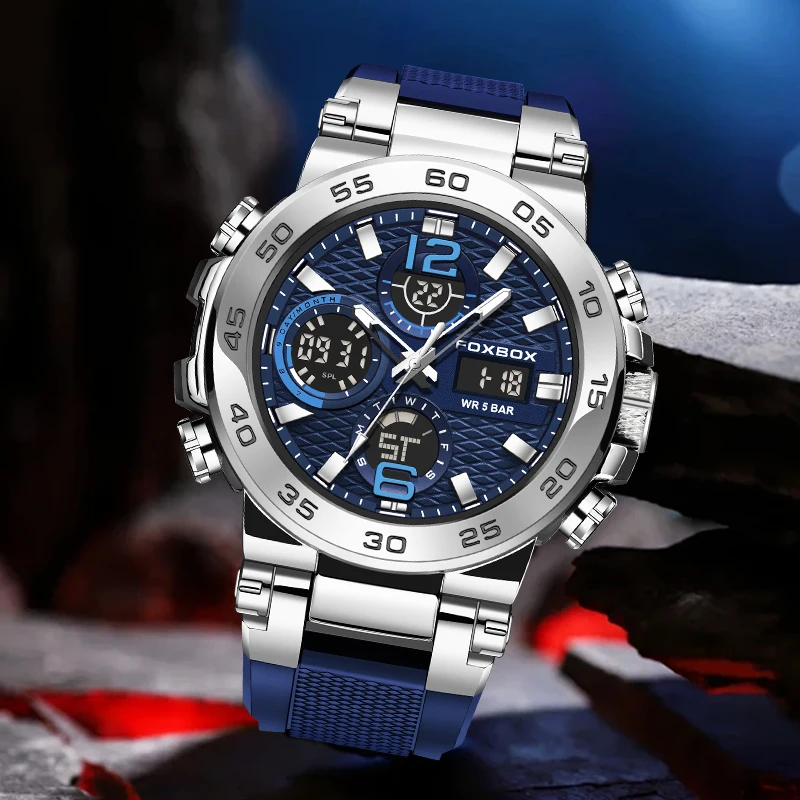 FOXBOX Casual Outdoor Electronic Man Watch Sports Waterproof Luminous Dual Digital Display Watches for Men Silicone Strap Clocks
