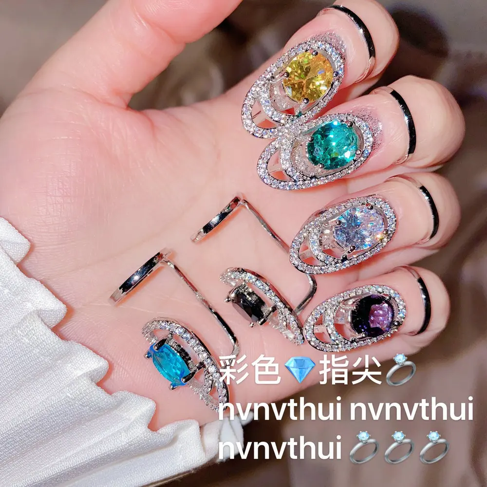 Europe and America Silver Color Invisible Inlaid Multi-color Zircon Nail Ring Women Eye Catching Punk Hip-hop Party Jewelry Ring